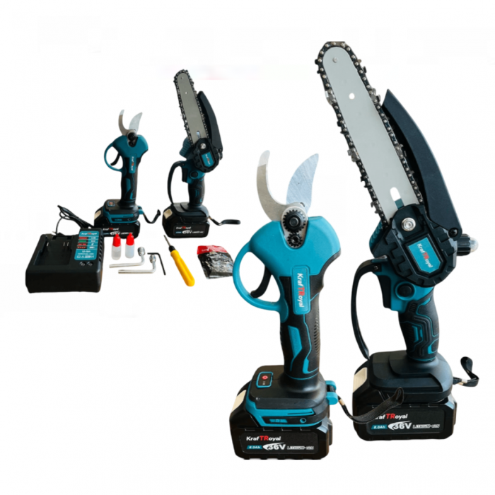 Trusa Foarfeca + Mini Drujba cu 2 Acumulatori 36V 8AH, KraftRoyal, 2 lanturi incluse + TRANSPORT GRATUIT