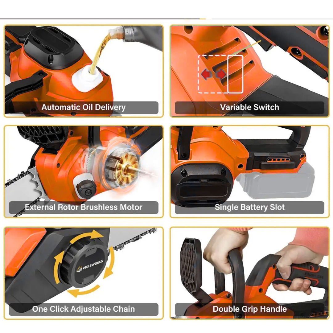 Drujba Electrica fara Fir, 16 inch, cu 2 Acumulatori 48V 6Ah, Motor Brushless, 2300W, Sistem Ungere Lant, Taiere 40 cm