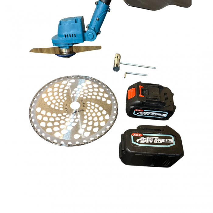 Motocoasa Electrica Profesionala German Meister, cu 2 Acumulatori 24V 5AH, Disc 230 mm, Unghi taiere reglabil+ TRANSPORT GRATUIT