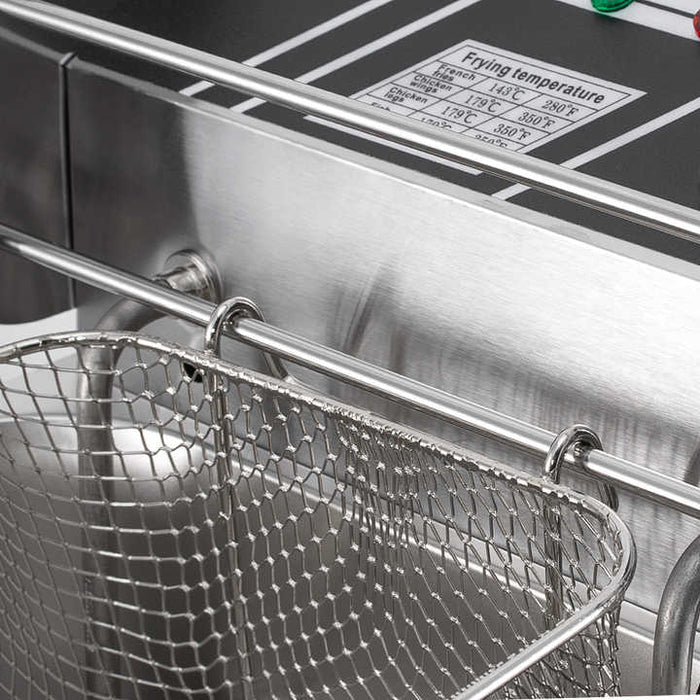 Friteuza Electrica Comerciala 2500W , un rezervor, usor de curatat, cos auto-strecurabil, blat din otel inoxidabil, capac pentru prevenirea stropirii, capacitate 6L, gri