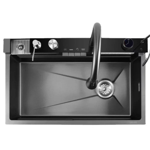 Chiuveta multifunctionala cu 2 cascade cu accesorii incluse, afisaj digital a temperaturii si robinet cascada, culoare negru grafit , 750x460mm