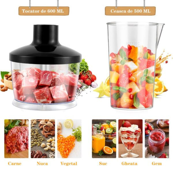 Set blender de mâna 4 in 1,  1600W cu 9 viteze și funcție turbo