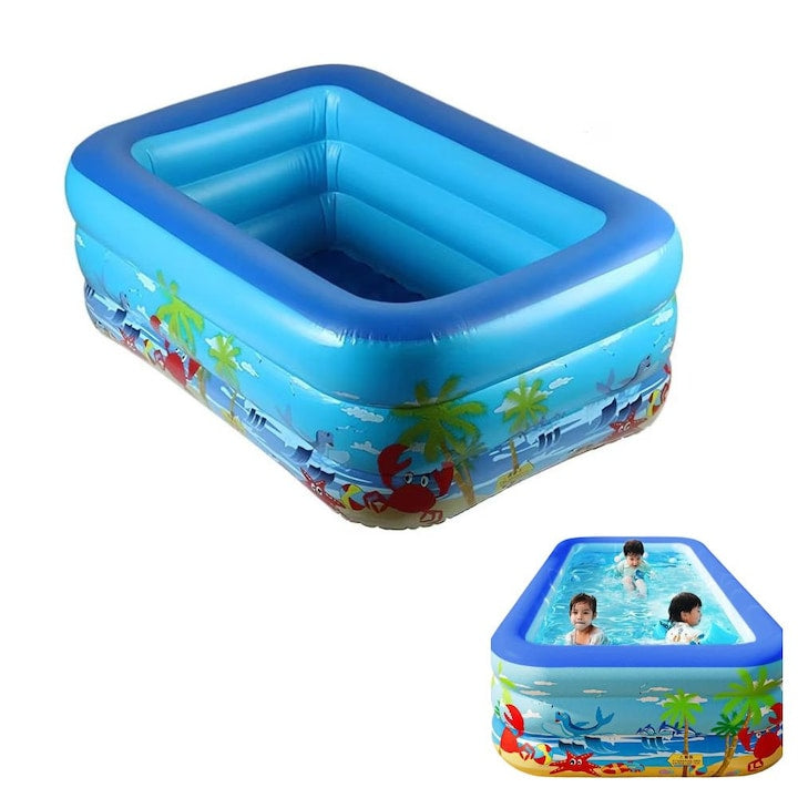 Piscina Gonflabila pentru copii, Multicolora, Dreptunghiulara, Baza moale si trei inele gonflabile, Dimensiuni 150 x 102 x 50 cm, Vinil rezistent, Gradina si Exterior