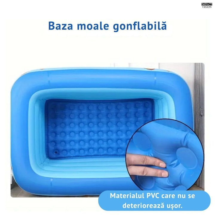 Piscina Gonflabila pentru copii, Multicolora, Dreptunghiulara, Baza moale si trei inele gonflabile, Dimensiuni 150 x 102 x 50 cm, Vinil rezistent, Gradina si Exterior