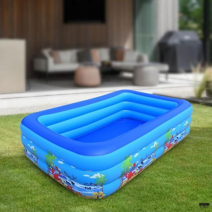 Piscina Gonflabila pentru copii, Multicolora, Dreptunghiulara, Baza moale si trei inele gonflabile, Dimensiuni 150 x 102 x 50 cm, Vinil rezistent, Gradina si Exterior
