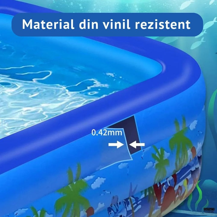 Piscina Gonflabila pentru copii, Multicolora, Dreptunghiulara, Baza moale si trei inele gonflabile, Dimensiuni 150 x 102 x 50 cm, Vinil rezistent, Gradina si Exterior