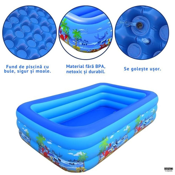 Piscina Gonflabila pentru copii, Multicolora, Dreptunghiulara, Baza moale si trei inele gonflabile, Dimensiuni 150 x 102 x 50 cm, Vinil rezistent, Gradina si Exterior