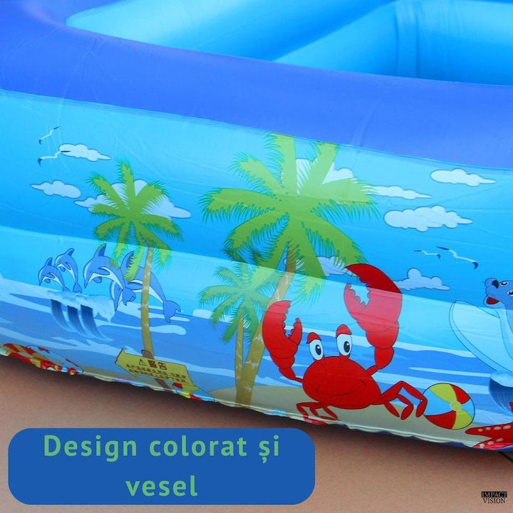 Piscina Gonflabila pentru copii, Multicolora, Dreptunghiulara, Baza moale si trei inele gonflabile, Dimensiuni 150 x 102 x 50 cm, Vinil rezistent, Gradina si Exterior
