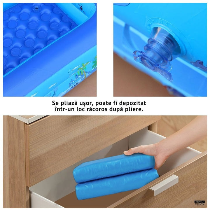 Piscina Gonflabila pentru copii, Multicolora, Dreptunghiulara, Baza moale si trei inele gonflabile, Dimensiuni 150 x 102 x 50 cm, Vinil rezistent, Gradina si Exterior