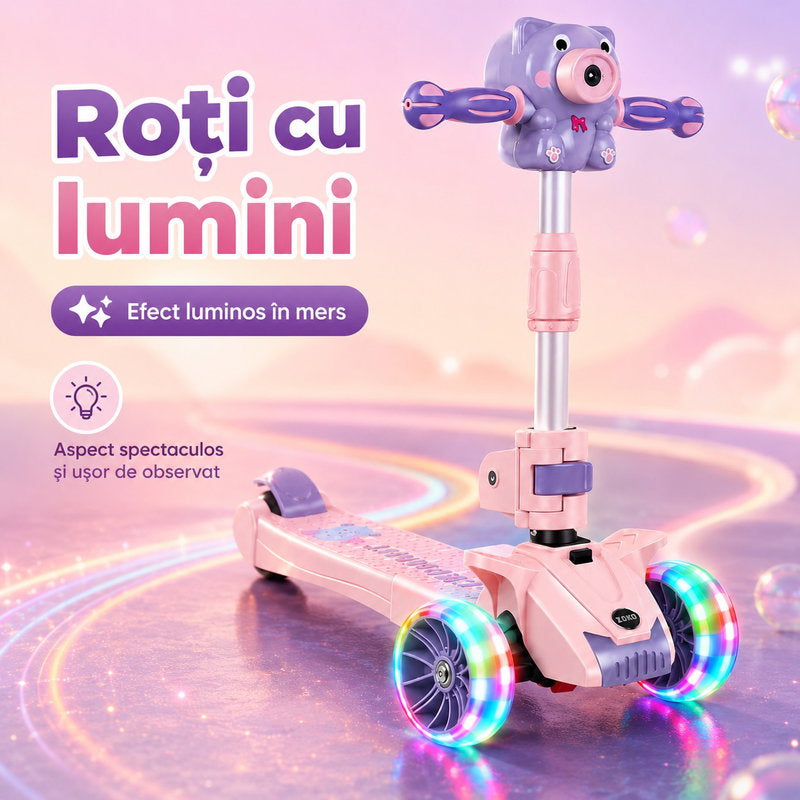 Trotineta copii 3 roți cu lumini, muzică și baloane de săpun cu scăunel, reglabilă și pliabilă