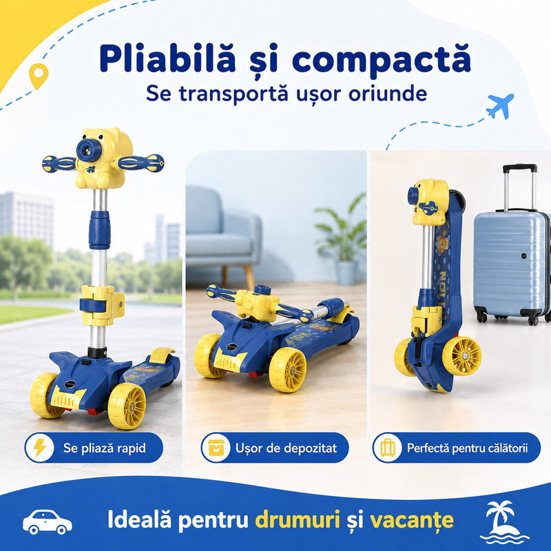 Trotineta copii 3 roți cu lumini, muzică și baloane de săpun cu scăunel, reglabilă și pliabilă