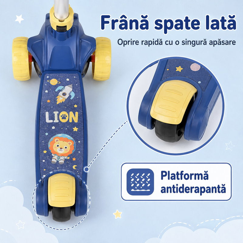 Trotineta copii 3 roți cu lumini, muzică și baloane de săpun cu scăunel, reglabilă și pliabilă