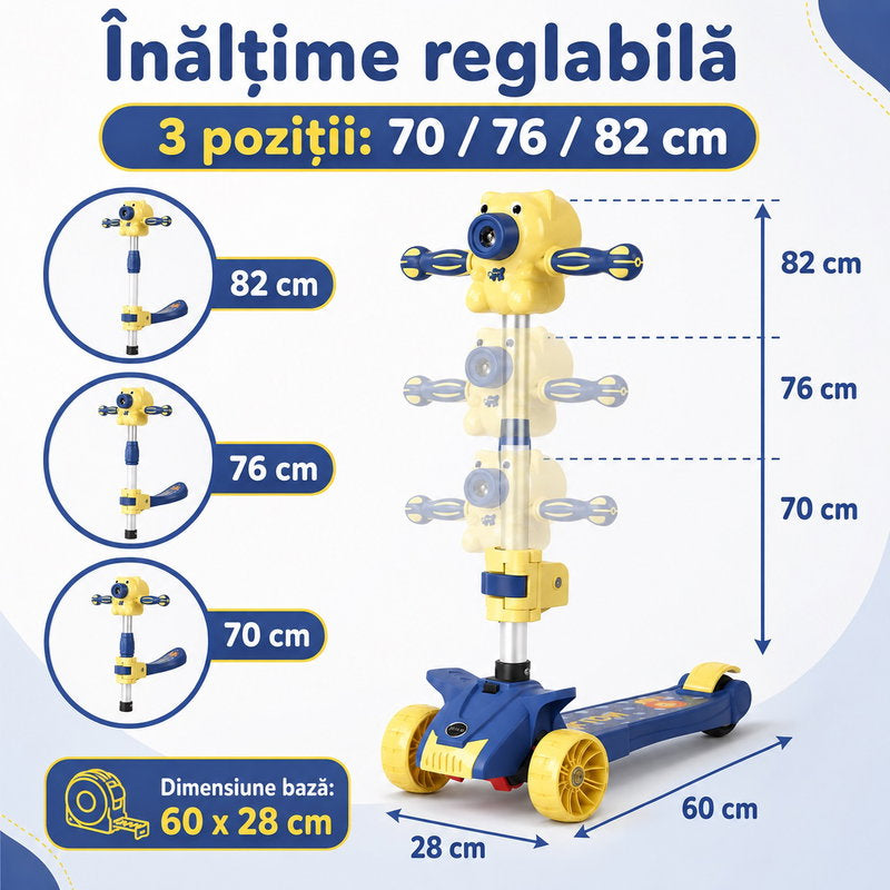 Trotineta copii 3 roți cu lumini, muzică și baloane de săpun cu scăunel, reglabilă și pliabilă
