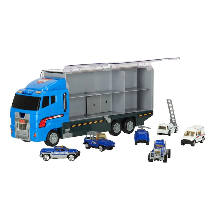 Laweta Tir Artemis, set 6 masinute, camion albastru, dimensiuni 36x15x10cm
