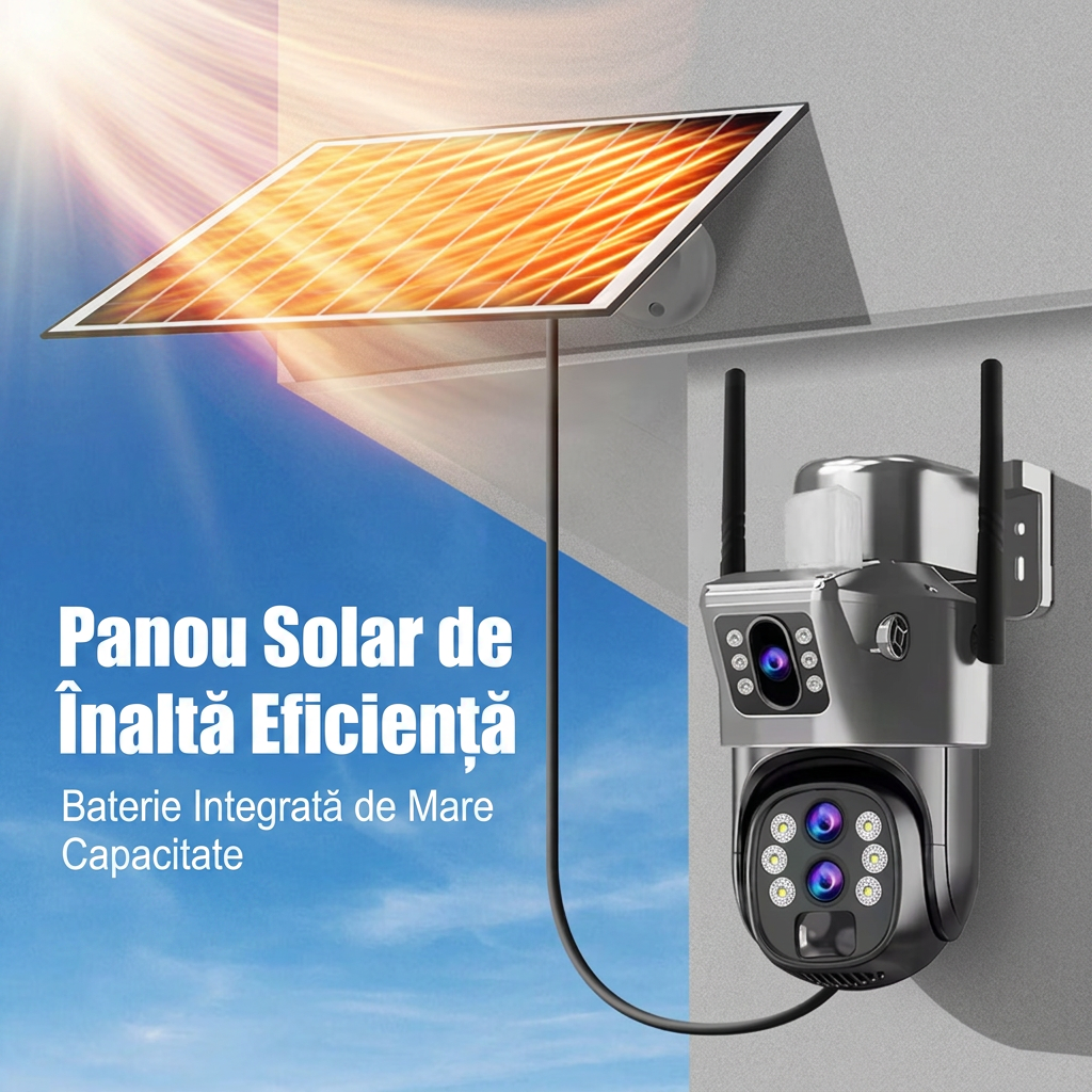 CAMERA SUPRAVEGHERE WI-FI SOLARA 12MP | ZOOM OPTIC 10X | CARD MEMORIE CADOU DE 32GB| DETECTIE FACIALA SI AUTO TRACKING 355° | NIGHT VISION COLOR | IP66