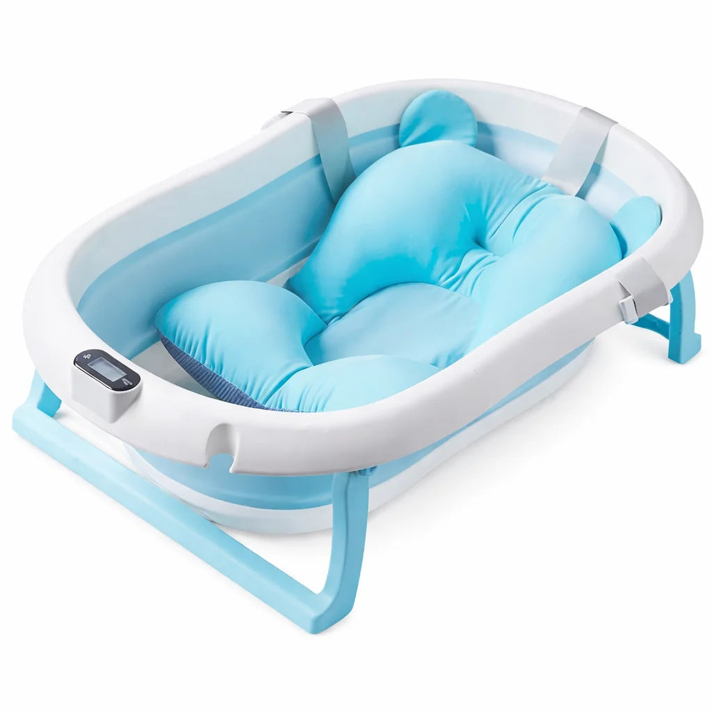 Cadita pliabila cu termometru incorporat si perna, Dimensiuni 83 x 50 x 20 cm, Material PP/TPE, Pliere rapida, Usor de utilizat, Picioare antiderapante, Varsta 0-3 ani, Structura Solida