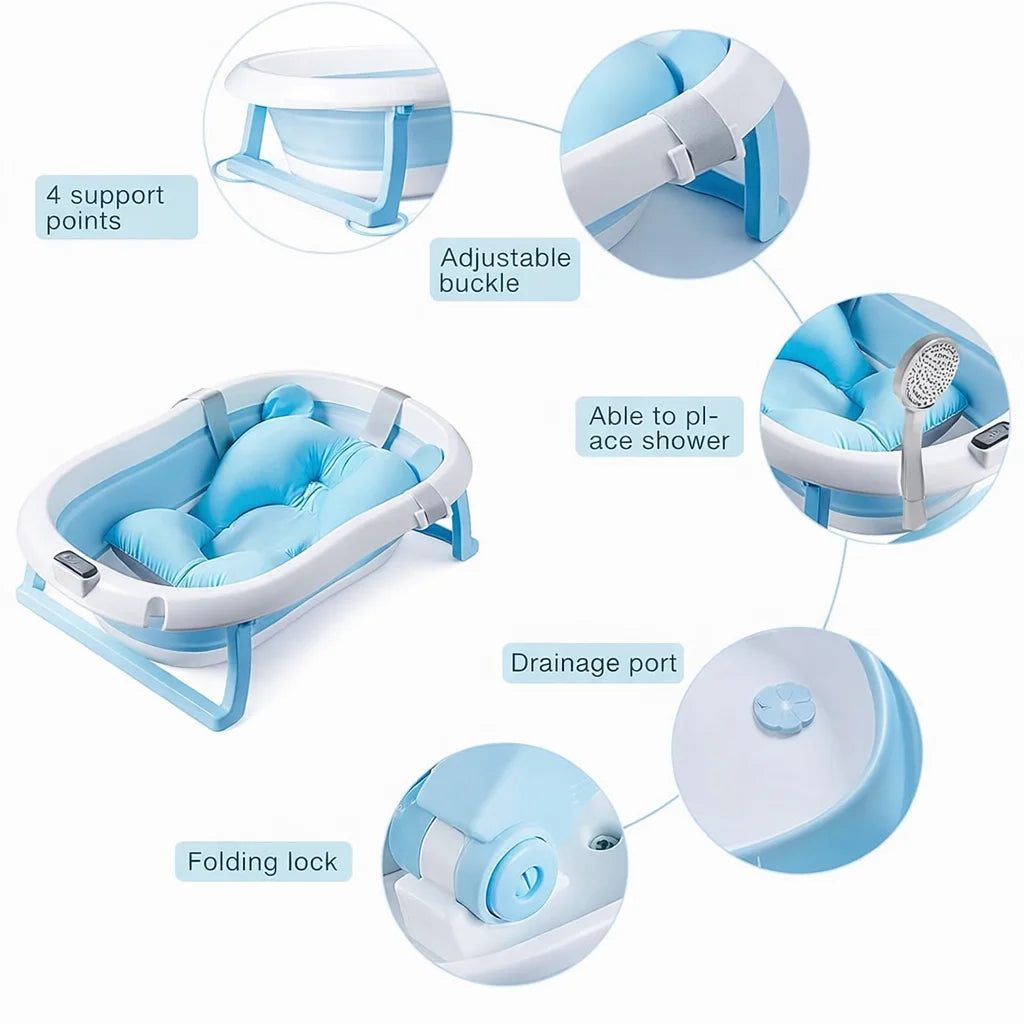 Cadita pliabila cu termometru incorporat si perna, Dimensiuni 83 x 50 x 20 cm, Material PP/TPE, Pliere rapida, Usor de utilizat, Picioare antiderapante, Varsta 0-3 ani, Structura Solida