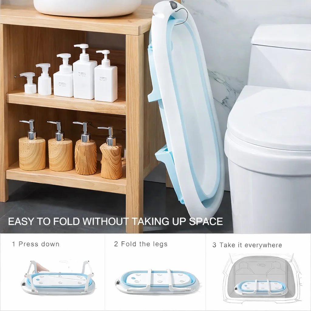 Cadita pliabila cu termometru incorporat si perna, Dimensiuni 83 x 50 x 20 cm, Material PP/TPE, Pliere rapida, Usor de utilizat, Picioare antiderapante, Varsta 0-3 ani, Structura Solida