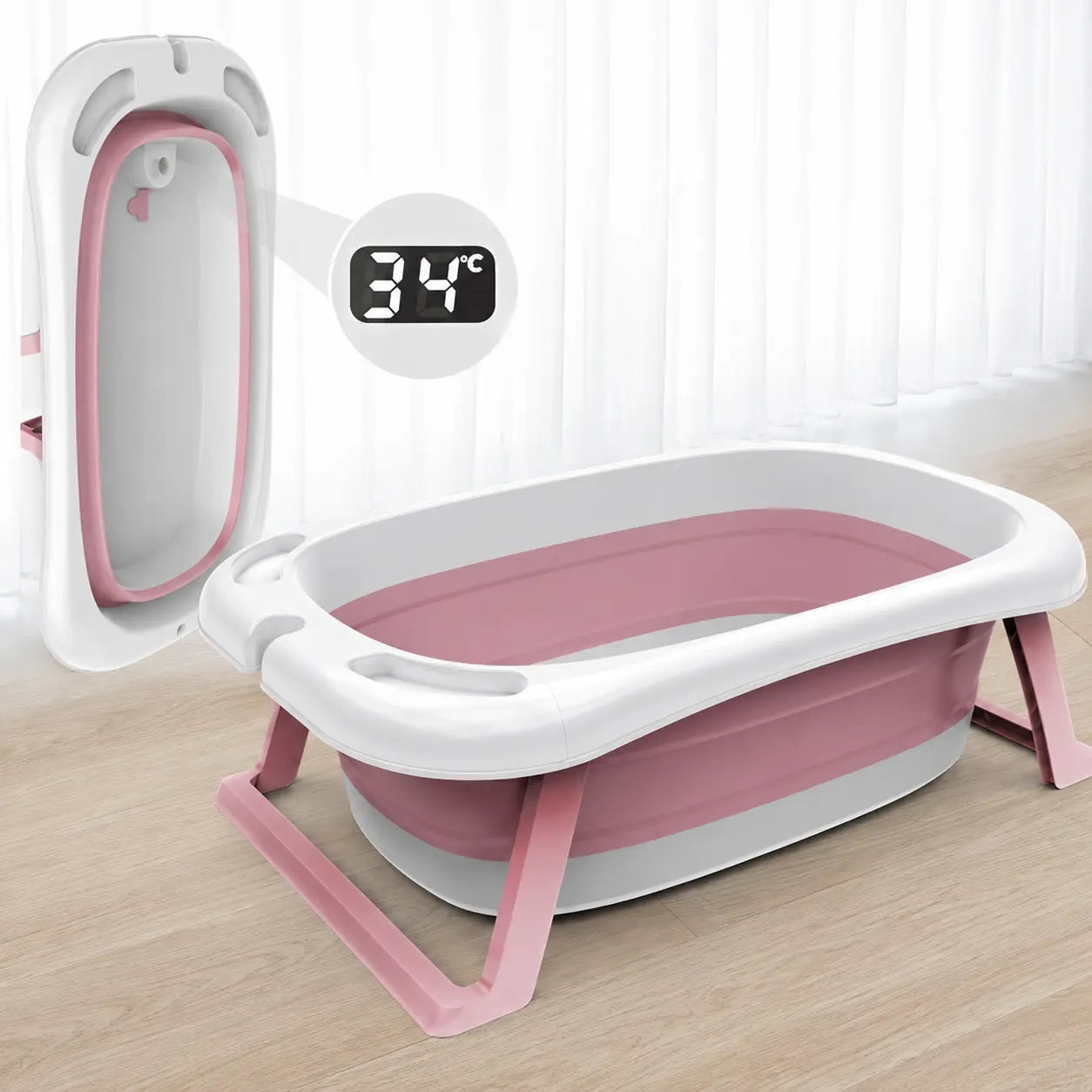 Cadita pliabila cu termometru incorporat si perna, Dimensiuni 83 x 50 x 20 cm, Material PP/TPE, Pliere rapida, Usor de utilizat, Picioare antiderapante, Varsta 0-3 ani, Structura Solida