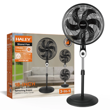 Ventilator cu Picior HALEY HY-6016, 18 Inch, 6 Pale, 3 în 1 (Podea/Masă), 3 Trepte de Viteză, Oscilație Orizontală, Înălțime Reglabilă, Motor Puternic și Silențios, Negru