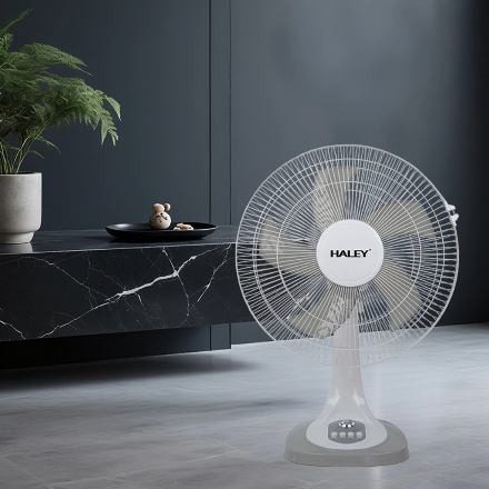 Ventilator de Masă HALEY HY-6018, 16 Inch, 5 Pale, 3 Trepte de Viteză, Oscilație Orizontală, Motor Puternic și Silențios, Alb